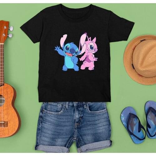 Summer Outdoor Brothers Sisters T-shirt Comfortable Lilo & Stitch Cartoon Printing T Shirts Kawaii Harajuku Disney Black Kid Tee