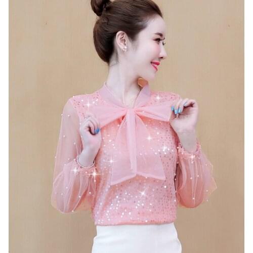 Fashion Lace Blouse Shirt V-Neck Chiffon Bottoming Shirt 2021 New Bow Tops Tee Womens Long-sleeved Blusas Pullover