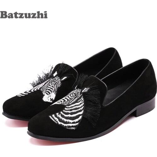 Batzuzhi Fashion Men Party and Wedding Handmade Loafers Men Shoes with Horse Black Suede Men Casual Leather Shoes Man , 38-46