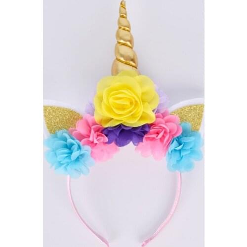New Gold Flower Unicorn Headband Baby Girls Unicorn Birthday Party Hair Accessories Kids Birthday Favor Photo Props