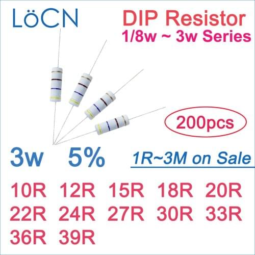 200pcs 5% 3W Carbon Film Resistor DIP 10R 12R 15R 18R 20R 22R 24R 27R 30R 33R 36R 39R OHM Color ring 1R~3M 1w 2w 1/4w 1/2w