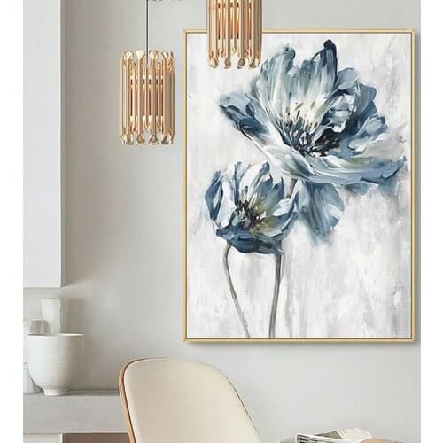 Hand-painted abstract oil painting modern minimalist Nordic abstract blue floral living room large decorative painting FHY014