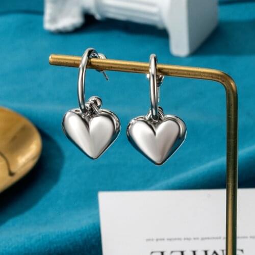 Silver color Stainless Steel Earrings 2021 Fashion Sweet Girl Heart-shaped Hoop Earrings Party Rock Gift, Silver Colors Wholesal