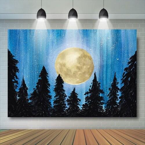 Dark Blue Night Sky Backdrop Forest Big moon Backgrounds Peaceful Evronment Glitter Stars Newborn Backdrops Photobooth