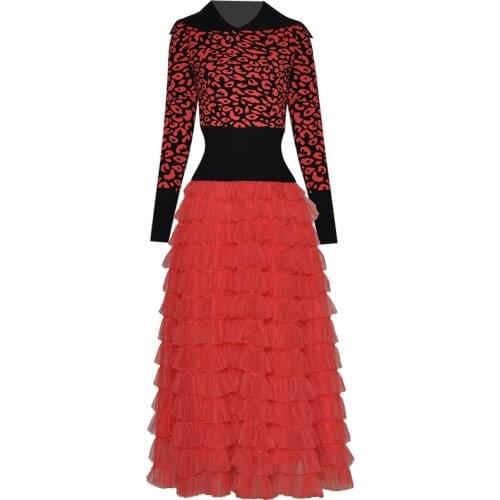 High Quality Autumn Party Workplace Casual Leopard Print Sweater Mesh Pure Color Half Skirt Vintage Elegant Chic Womens Sets