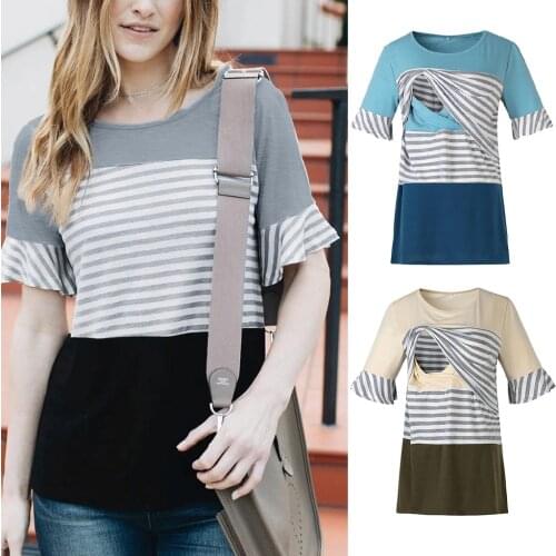 Women Maternity Breastfeeding Tee Nursing Tops Striped Short Sleeve T-shirt Топы Для Беременных Maternity Clothing Tees