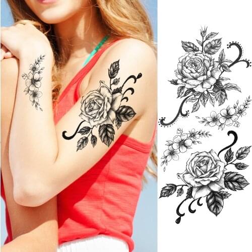 Womens Fashion Flower Temporary Tattoos Sticker For Women Body Art Painting Arm Hands Tatoo Sticker Fake Black Rose Tatoo Decal