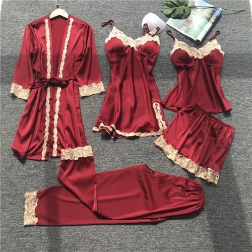 Women Sexy Lace Sleepwear 5pcs Sleep Lounge Set Faux Silk Lace Pyjamas Femme Night Dress + Bathrobe Nightwear Sexy Clothing Suit