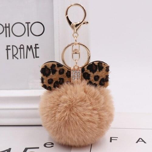 Winter Explosions Leopard Bow Plush Keychain Fluffy Faux Rabbit Fur Ball Women Handbag Pendants Car Key Ring Jewelry Gift