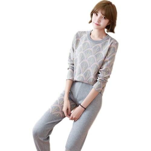 2020 Autumn Pattern Round Neck Pullovers Fashion Knitting Sets Spinning Knitted Sweaters+Pants Women Casual Knitted Suits