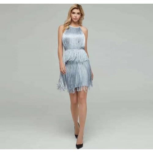 Fashion Silver Halter Tassel Sexy Sleeveless Backless Design Bandage Dress Women Celebrity Party Dress Vestidos Wholesale 2019