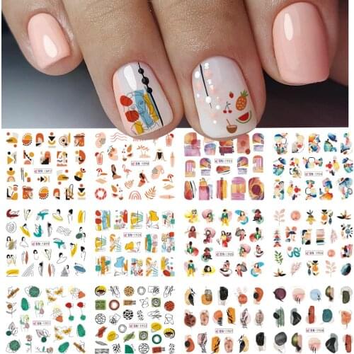 12 designs Abstract geometric kawaii nail sticker decals fall leaf valentine nail art decorations autocollants pour ongles