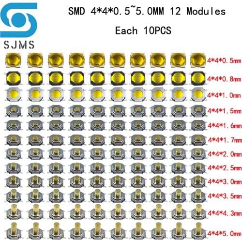 120pcs Assorted Micro Tactile Push Button Touch Tact Waterproof Switch Kit 4x4x0.5~5 SMD 4 Pin LCD Monitor Repair SMT 4*4*1.5mm
