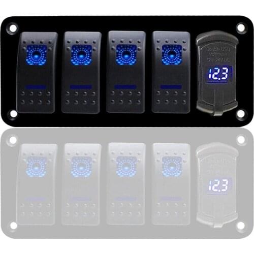 4 Gang Rocker Switch Panel - 5 Pin on Off Toggle Switch Blue LED Backlit Wiring Harness for Boat Car Marine ATV UTV