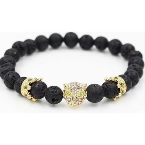8mm trf3 gold silver micro pave cz zircon cubic zirconia Bracelet elastic adjusted bead lion black stone volcanic lava Bangles