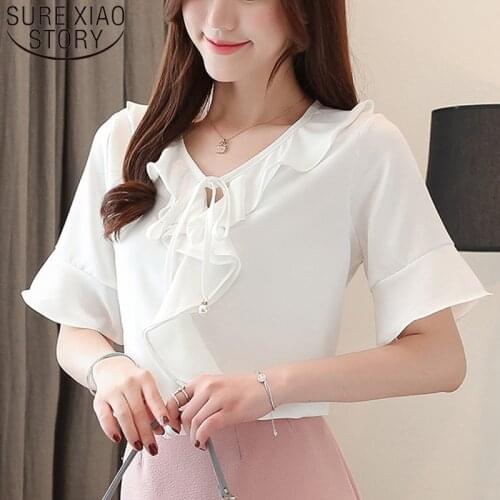 Blusa Verano Mujer Summer New Style Solid Elegant Chiffon Short Sleeve Flounced Bow Loose-Fit Women Blouse Feminine Tops 8639 50