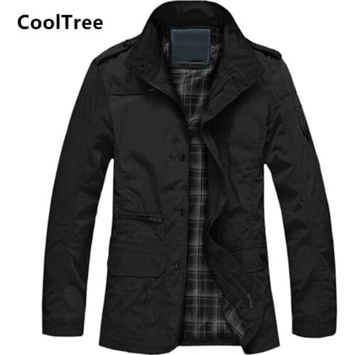 CoolTree Men Business Casual Long Jacket Spring Autumn Solid color Windbreaker Coats Male Slim Fit Zipper Thin Outerwear M-5XL