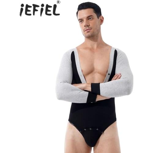Men Long Sleeve Deep V Neck Bodycon Jumpsuits Sissy Party Clubwear Contrast Color Cutout Lingerie Bodysuit Nightclub Costumes