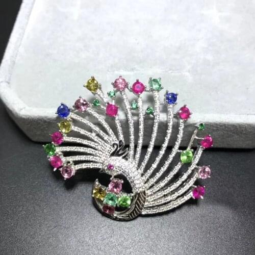 Natural red topaz Elegant Luxurious Peacock wings brooch Pendant natural crystal brooch S925 silver women girl gift jewelry