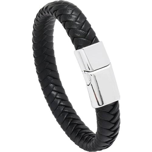 Jessinshow Charm Mens Hand Woven Leather Bracelet Black High Quality Metal Magnetic Clasp Men Wrist Strap Gift