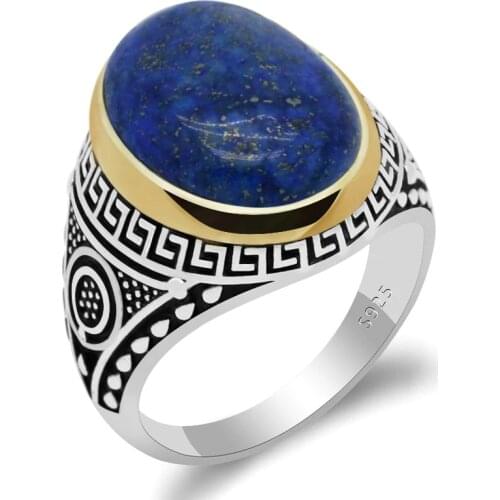 S925 Sterling Silver Men Ring with Oval Natural Lapis Stone Jewelry Rings for Women Gold Silver Turkey Accessory Birthday Gift