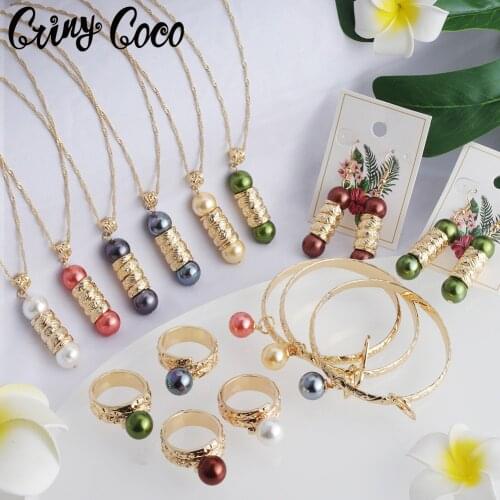 Hawaiian Fashion Sets Jewelry Color Ring Pearl Polynesian Gold Nacklace Earring Heart Brecelets Fine Set for Women Party Wedding