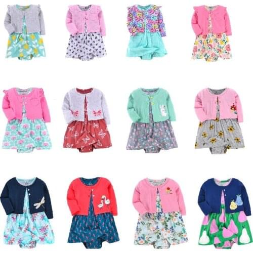 Newborn Infant Baby Clothes Girl Sets Spring Autumn Cotton Coat+Short-Sleeve Print Romper Dress 2 Piece Suits 3 To 24 Months