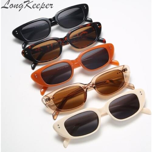 LongKeeper Vintage Rectangle Sunglasses Women Cat Eye Narrow Ladies Small Rivet Black Leopard Sun Glasses Retro oculos feminino