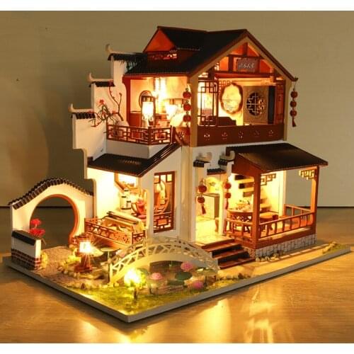 DIY Miniatures Wooden Doll House Kit Furniture Chinese Ancient Room with Light Villa Dollhouse Casa Toys for Girls Xmas Gifts