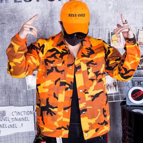 Hip Hop Dance Costumes Jazz Orange Camouflage Jacket Male Singer Rave Performance Clothing Rock Nightclub Bar DJ Mens DT1138