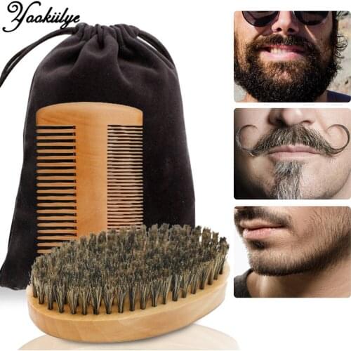 Natural Soft Boar Bristle Wood Beard Brush Beard Hair Comb Set Hairdresser Shaving Tools for Men Mustache Comb Kit With Bag