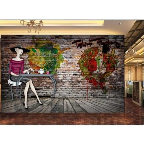 Custom mural 3d photo wallpaper Retro cartoon beauty coffee tooling on brick wall home decor living room wallpaper for wall 3 d