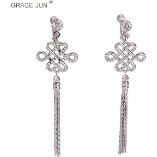 2018 New Rhinestone Chinese Knot Clip on Earrings No Pierced and Pierced Earrings for Women Fashion Luxury Long Tassel Earrings