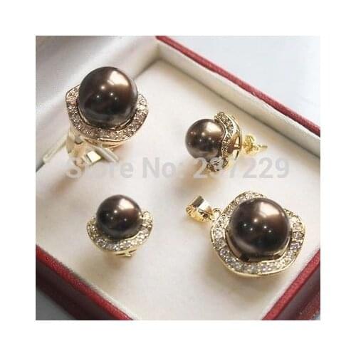 Wholesale price good ^^^^Set 10mm &14mm brown South sea Shell Pearl Earrings Necklace Ring size 7 8 9