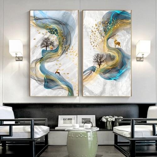 Big Size Poster Blue Print Gold Wall Art Abstract Golden Deer Painting Tableaux for Living Room Lucky Cuadros Salon Decoracion