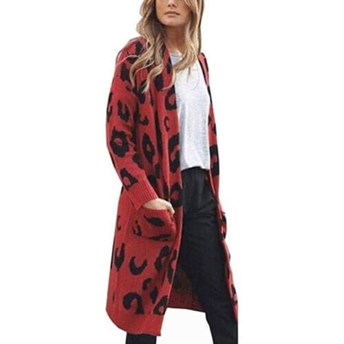 Leopard Print Knitted Long Cardigan Women Casual Pockets Autumn Winter Knitting Sweater Coat Plus Size Jumpers Pull Femme