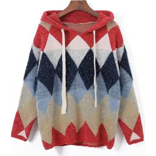 PERHAPS U Women Sweater Knitted Pullovers Red Blue Lurex Bling Hooded Argyle Loose Winter M0053