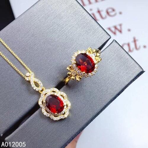 KJJEAXCMY Fine Jewelry 925 sterling silver inlaid natural gemstone garnet female ring pendant set fashion Support detection