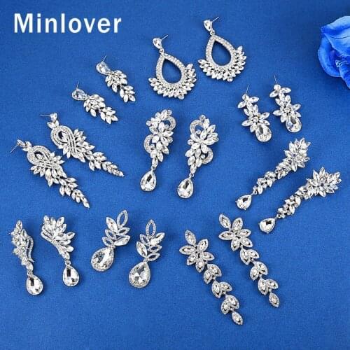 Minlover European Leaves Bride Drop Earrings for Women Silver Color Horse Eye Crystal Dangle Earrings Wedding Jewelry MEH1045