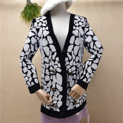 1.1KG heavy thick female women fashion sequins deep v-neck knitwear autumn winter cardigans vintage jacket coat sweater pull top