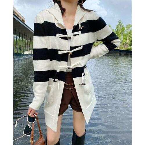 Striped knitted cardigan womens 2021 new spring and autumn mid-length fashion slim and versatile long-sleeved jacket