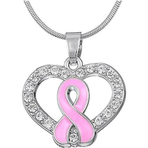 Pink Awareness Cancer Ribbon Crystal Heart Pendant Charm Necklace Jewelry for Women