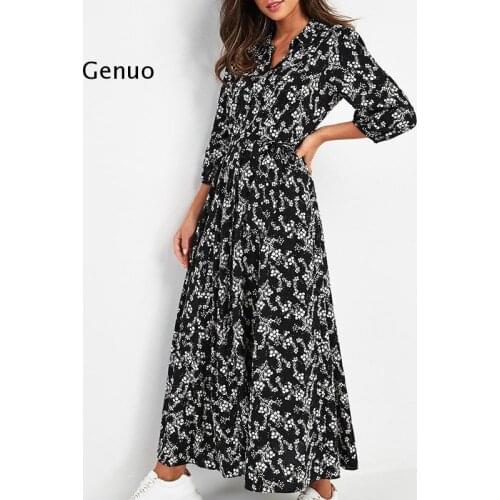 Vintage Floral Print Maxi Dress Women Boho Three Quarter Sleeve Long Dress Turn Down Collar Casual Shirt Dresses Robe