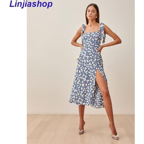 Retro Adjustable Spaghetti Straps Split Dresses Sexy Blue Floral Print Chiffon Vestidos Vintage Midi Women Dress