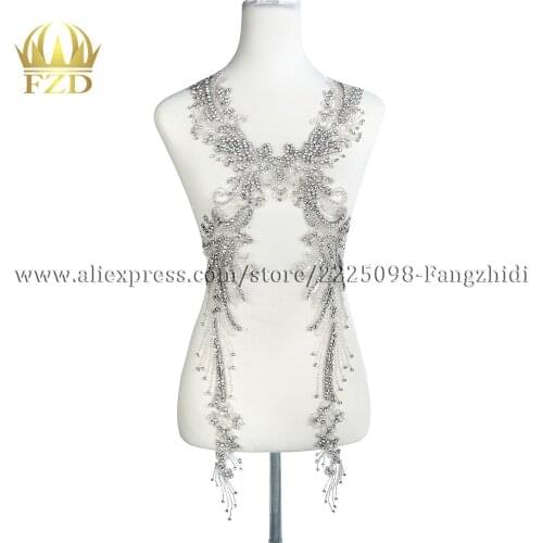 1 Piece Tasseled stone clothing Beaded Crystal Rhinestone Applique Patches with Gauze for Wedding Dress and Evening Dress