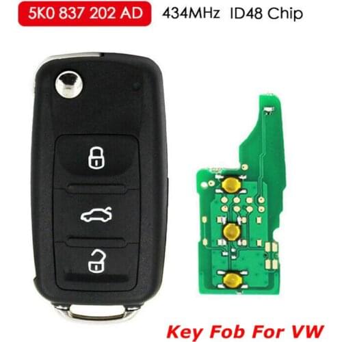 1Pcs Car Remote Key Fob For VW Volkswagen 5K0 837 202 AD 434MHZ Beetle Caddy Eos Golf