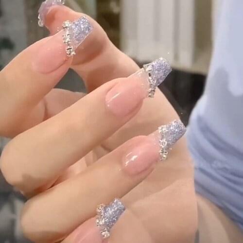 24pcs Fake Nails WIth Design Silver Rhinestone Edge Inlay Glue Type Removable Long Paragraph Fashion Full Cover Manicure