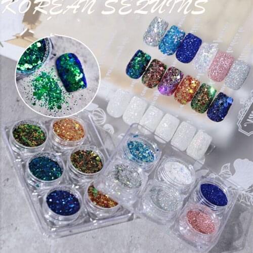 6pcs/set Shiny Mixed Nail Art Glitter Sparkly Paillette Chrome Dust Holographic Glitter Powder Tips UV Gel 3D Nail Decoration