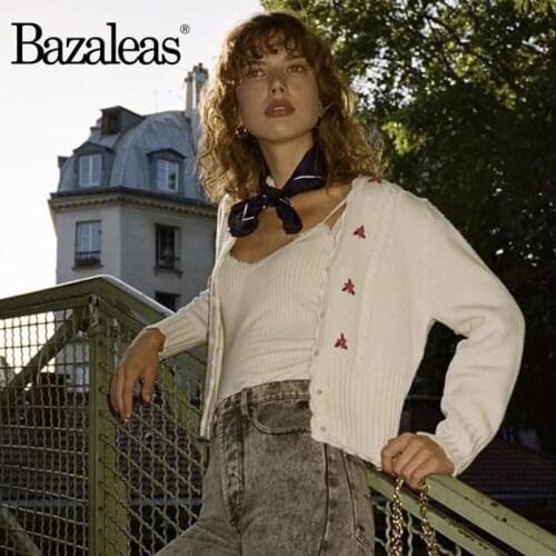 Bazaleas France floral embroidered women Sweater Retro White Emile Carfigans Vintage Center Buttons Warm Kintted sweater women
