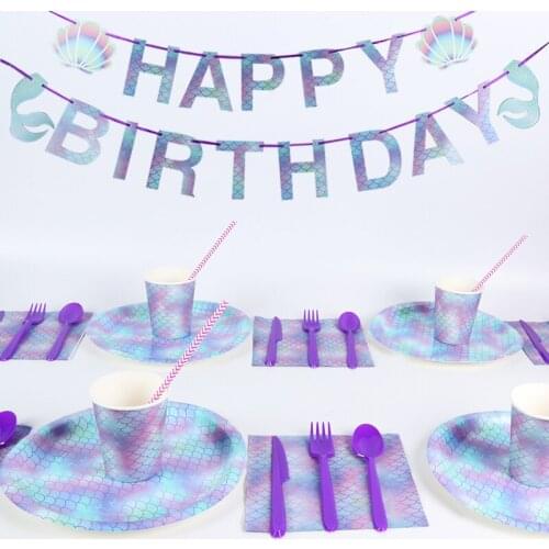 Mermaid Party Decorations Tableware Paper Cups Plate Napkins Girl Birthday Party Baby Shower Seabed Party Decor Supplies